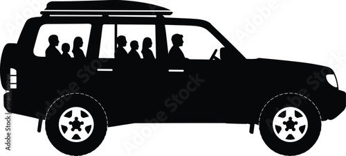 Silhouette family traveling in SUV car, passengers sitting together, road trip holiday adventure, transportation vehicle illustration, travel lifestyle concept, black graphic design element