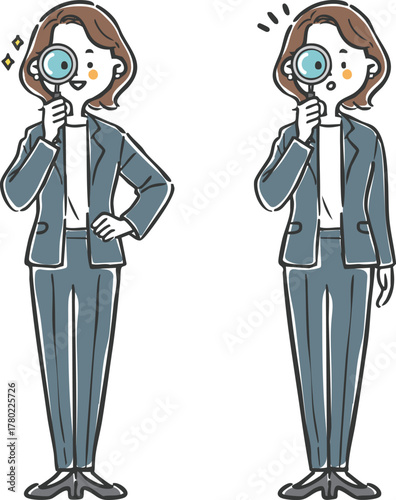 虫眼鏡をのぞくビジネスウーマン　全身　ベクター
