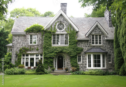 Charming stone mansion with ivy-covered walls, arched doorway, large windows, and gabled roof, surrounded by lush greenery and a well-kept lawn, exuding timeless countryside elegance