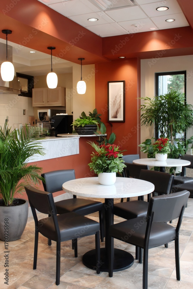 Fototapeta premium Modern cafe interior featuring dining tables and chairs