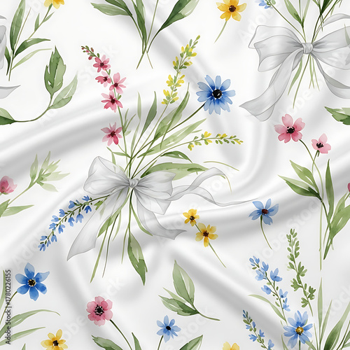 Watercolor floral pattern of hand-painted wildflowers and sprawling leaves tied with a sheer ribbon on a bright white silk background, created for wallpaper and fabric, illuminated with diffused	
