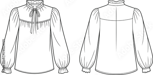 Blouse fashion sketch, front and back view, ruffled neckline, puffed sleeves, bow tie, gathered cuff, loose fit, garment illustration