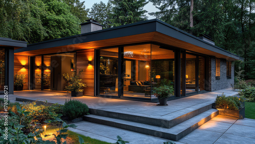 Modern single-story house with large glass walls, warm exterior lighting, flat roof, stone and wood facade, surrounded by greenery and garden pathway, AI generated