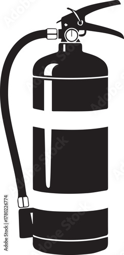 Black silhouette of a fire extinguisher with hose safety