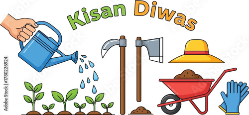 Illustration of Kisan Diwas with watering can, plants, hat, gloves, and farming tools