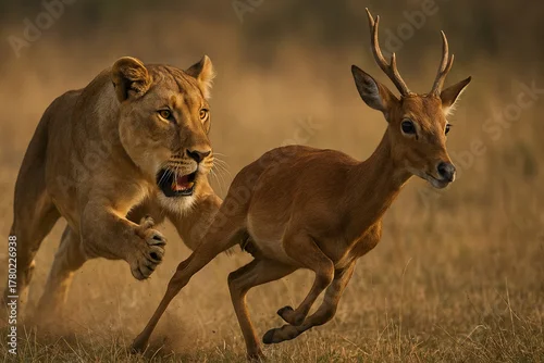 Fototapeta samoprzylepna A lioness hunting a young deer in a grassy field.