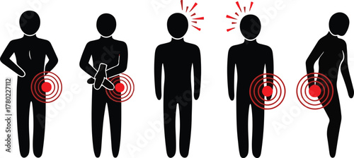 Human figures with highlighted areas of pain and discomfort