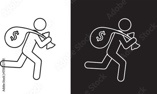 Line art of a person running with a money bag thief