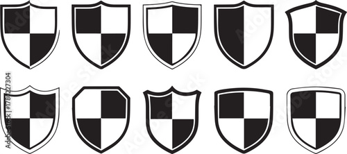 Set of Black Shield Icons with Quartered and Solid Designs