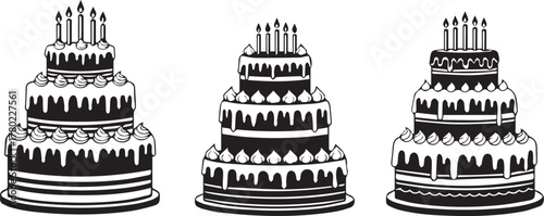 Three Black And White Layered Birthday Cakes With Candles