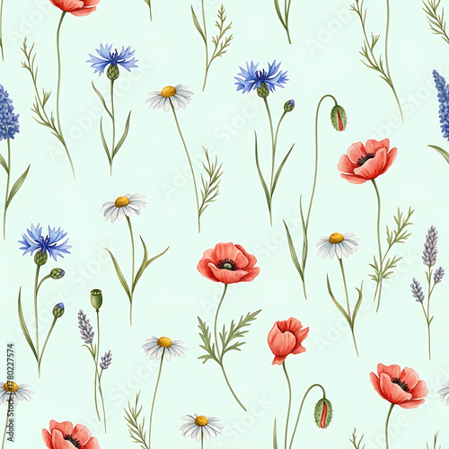 Watercolor floral pattern of hand-painted wildflowers and sprawling leaves tied with a sheer ribbon on a bright white silk background, created for wallpaper and fabric, illuminated with diffused	