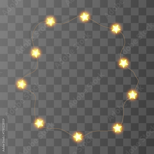 Light string Xmas frame, fairy star bulb garland. Christmas 3d warm shine isolated. Merry chirstmas glitter wreath png, festoon ball vector decor. Noel lamp line element, gold bokeh wedding decoration