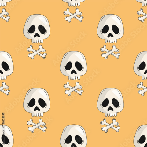 Skull and crossbones halloween seamless pattern for textile, wrapping, packaging design, wallpaper and party decoration. Holiday background.
