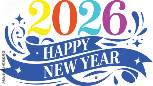 Colorful numbers and festive banner celebrating the Happy new year celebration.