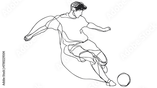 Abstract continuous line art of soccer player striking ball for minimalist sports poster and creative design