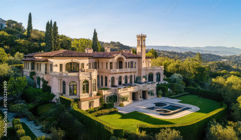 Fototapeta premium Luxurious Mediterranean-style mansion with terracotta roof, grand balconies, manicured gardens, and stunning hillside views bathed in golden sunlight, created with generative AI