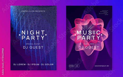 Discotheque Magazine. Blue Dj Banner. Electronic Audio Invitation. Edm Trance Element. Festival Vector. Fest Poster. Pink Party Event. Violet Discotheque Magazine