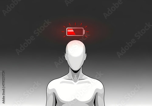 Concept illustration of low battery on a person, depicting exhaustion