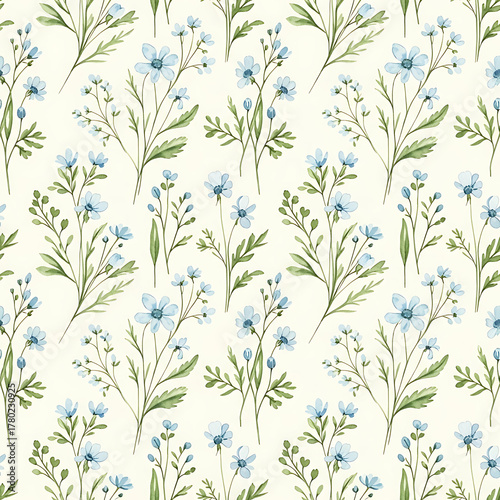 Watercolor floral pattern of hand-painted wildflowers and sprawling leaves tied with a sheer ribbon on a bright white silk background, created for wallpaper and fabric, illuminated with diffused	