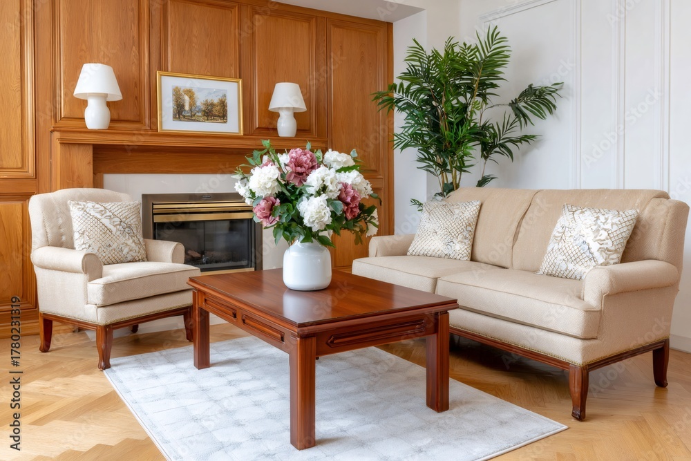 Fototapeta premium Cozy traditional living room interior with fireplace and wooden furniture