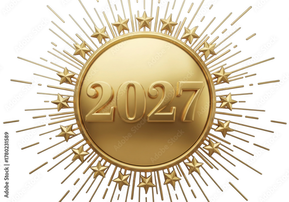 Fototapeta premium Golden 2027 emblem with starburst and stars isolated on transparent background