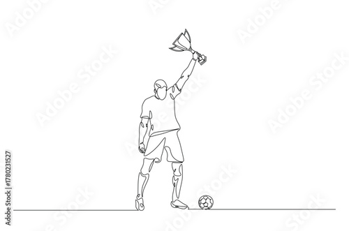 Football player holding ball and trophy continuous one line drawing. Football player with trophy in single line art illustration. Editable vector.