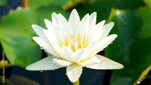 Underwater perspective looking up through the clear water, revealing the submerged stems of water lilies and the undulating undersides of lily pads, with sunlight filtering through.