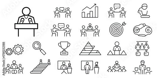 Conference vector icon set clean professional business icons perfect for networking events webinar graphics coaching session layouts strategic planning documents and company profile designs