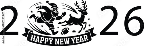 Santa reindeer football player leaping Happy New Year vector.