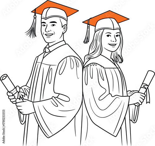 Smiling graduates holding diplomas wearing orange academic caps vector.