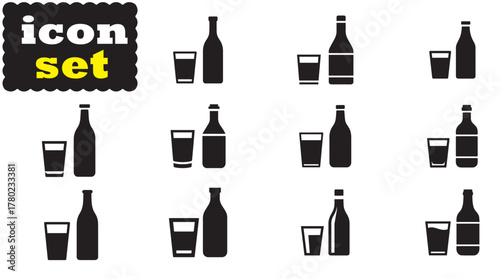 Glass and bottle icon Set, Glass and bottle solid vector