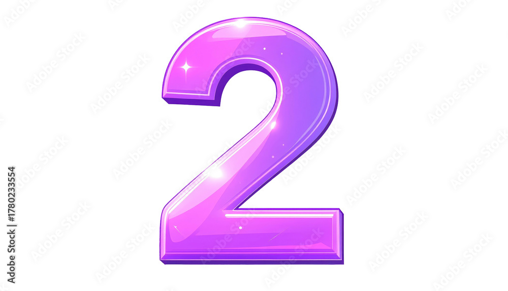 Naklejka premium Glossy number two, shaded from pink to purple with white highlights, against a stark black background