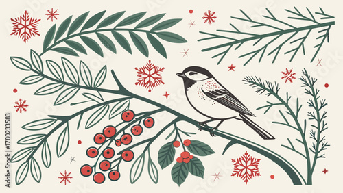 Charming illustration of a small bird perched on a branch with red berries and green leaves surrounded by snowflakes