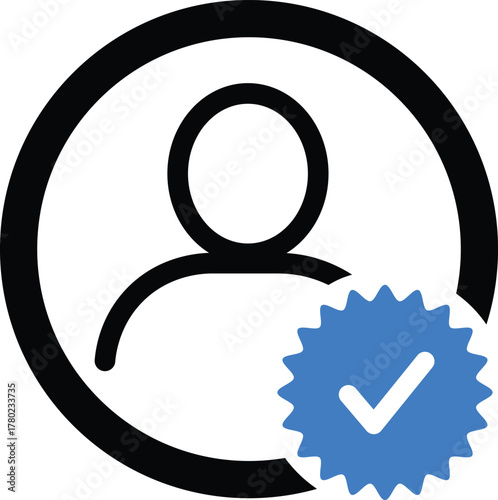 Black user profile icon with blue verified check mark badge user icon
