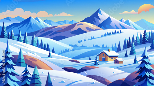 Stylized illustration of a cozy wooden cabin nestled in a snowy mountain landscape with pine trees and a clear blue sky