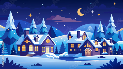 Cozy winter village scene at night with snow covered houses and pine trees under a starry sky