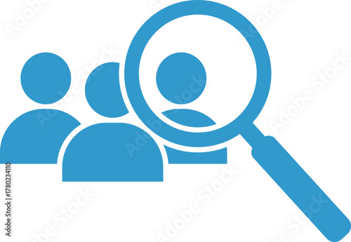 Blue magnifying glass over group of people icons on white background search