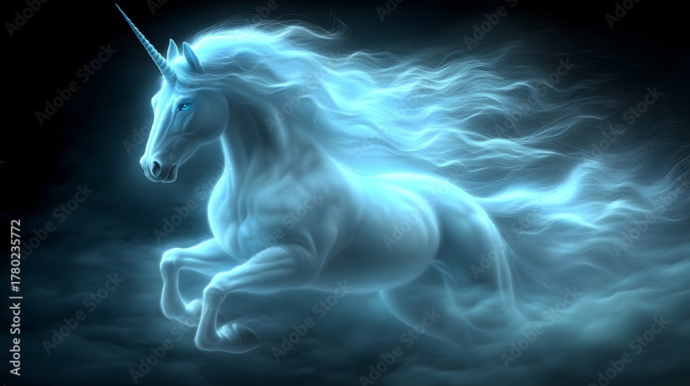 Fototapeta premium Majestic unicorn with sparkling mane galloping through an enchanted misty forest