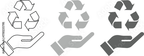 Three recycling symbols above open hands in black grey and dark grey protection care