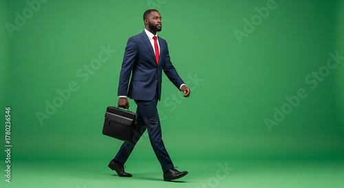 Businessman in a navy suit and red tie walks with a briefcase