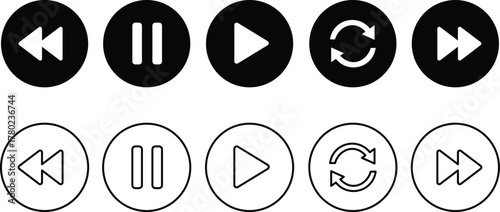 Black and white circular media control icons rewind pause play repeat fast forward rewind icon