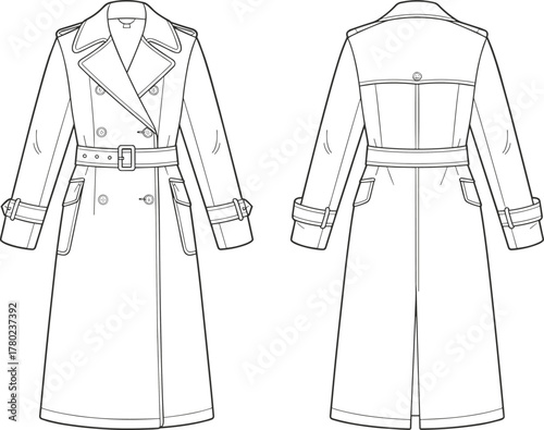 Cad drawing flat vector illustration, fashion trench coat technical sketch, garment