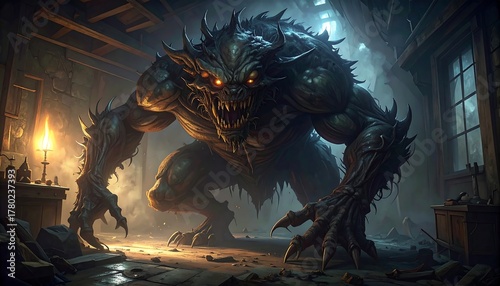 A monstrous, hulking beast with glowing orange eyes and sharp teeth looms in a dimly lit, dilapidated room