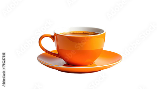 Orange cup of dark liquid on matching saucer, set against a plain black background in a simple studio shot