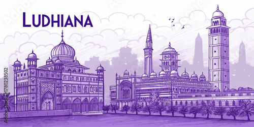 Ludhiana Skyline Line Art Illustration for Travel Posters, Tourism Promotion, and Cultural Merchandise Featuring Clock Tower, Phillaur Fort, and Lodhi Fort