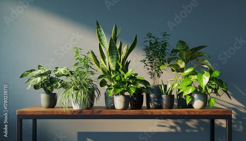 Indoor Houseplants on Wooden Table in Modern Minimalist Interior