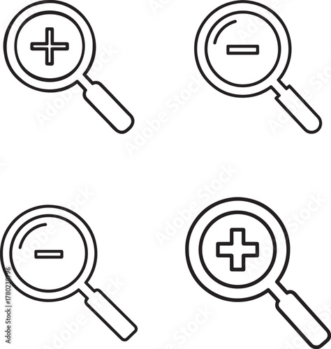 Magnifying glass icons representing zoom in and zoom out functionality for digital interfaces