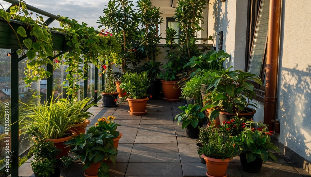 Fototapeta premium Urban Balcony Garden with Green Plants and Terra Cotta Pots