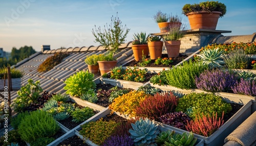Lush Rooftop Garden with Colorful Plants in Terra Cotta Pots