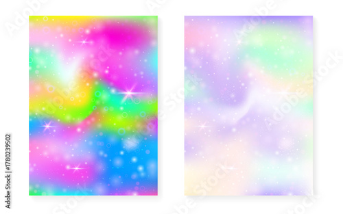 Unicorn background with kawaii magic gradient. Princess rainbow hologram. Holographic fairy set. Spectrum fantasy cover. Unicorn background with sparkles and stars for cute girl party invitation.